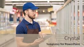  Presentation with using digital tablet - Beautiful theme featuring young-man-wearing-uniform-working backdrop and a mint green colored foreground