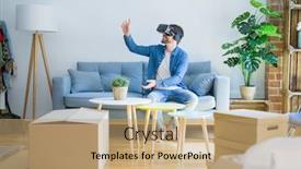  Presentation with simulation - PPT layouts with young man wearing virtual reality glasses playing a simulation game sitting on the sofa around cardboard boxes moving to a new house background and a coral colored foreground