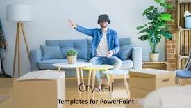  Presentation with simulation - Slide set with young man wearing virtual reality glasses playing a simulation game sitting on the sofa around cardboard boxes moving to a new house background and a coral colored foreground