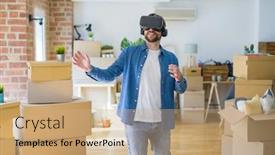 Presentation with simulation - Beautiful presentation theme featuring young man wearing virtual reality glasses playing a simulation game around cardboard boxes moving to a new house backdrop and a coral colored foreground