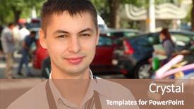  Presentation with belts - Audience pleasing presentation theme consisting of young man wearing white shirt with belts of camera stand near cars backdrop and a coral colored foreground