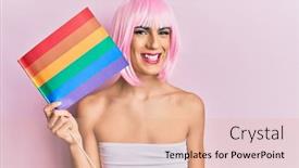  Presentation with rainbow flag - Colorful slide deck enhanced with young-man-wearing-woman-make backdrop and a coral colored foreground