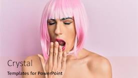  Presentation with woman covering man mouth hand - Audience pleasing PPT layouts consisting of young-man-wearing-woman-make backdrop and a coral colored foreground