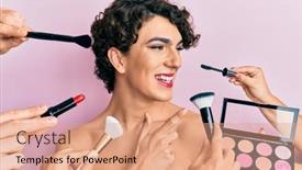  Presentation with finger - Audience pleasing presentation theme consisting of young-man-wearing-woman-make backdrop and a coral colored foreground