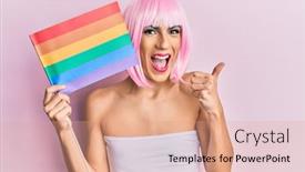  Presentation with lgbtq - Presentation theme enhanced with young-man-wearing-woman-make background and a coral colored foreground