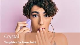  Presentation with woman covering man mouth hand - Beautiful slide set featuring young-man-wearing-woman-make backdrop and a coral colored foreground