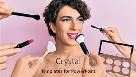  Presentation with confident - Slide set having young-man-wearing-woman-make background and a coral colored foreground