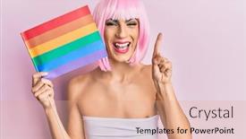  Presentation with rainbow flag - Colorful theme enhanced with young-man-wearing-woman-make backdrop and a coral colored foreground