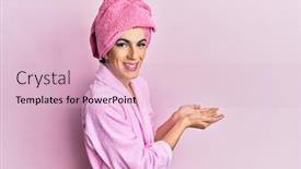  Presentation with woman hands open - Colorful PPT layouts enhanced with young-man-wearing-woman-make backdrop and a lemonade colored foreground