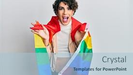  Presentation with wrapped flag - Theme featuring young-man-wearing-woman-make background and a light blue colored foreground