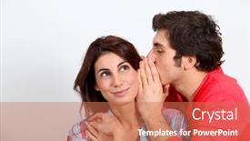  Presentation with ear - Presentation theme consisting of young man whispering in his girlfriend's ear background and a coral colored foreground