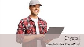  Presentation with camera - Beautiful presentation theme featuring young-man-with-a-cap backdrop and a mint green colored foreground