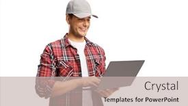  Presentation with computer - PPT theme enhanced with young-man-with-a-cap background and a mint green colored foreground