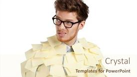  Presentation with sticky notes - PPT theme featuring young man with a glasses covered with yellow sticky notes isolated on white background background and a cream colored foreground