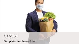 Presentation with grocery bag - PPT theme with young-man-with-a-grocery background and a light gray colored foreground