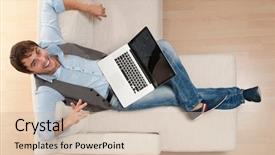  Presentation with young man holdng laptop on lap money - PPT theme with young man with a laptop background and a lemonade colored foreground