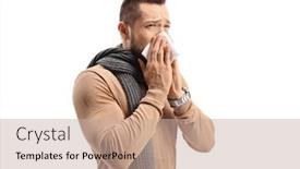  Presentation with sneezing - PPT theme consisting of young man with a scarf sneezing and blowing nose isolated on white background background and a mint green colored foreground