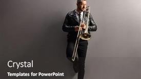  Presentation with wall - Slides enhanced with young-man-with-a-trombone background and a dark gray colored foreground