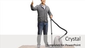  Presentation with vacuum cleaner robot - Cool new presentation theme with young man with a vacuum backdrop and a light gray colored foreground