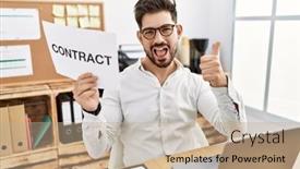  Presentation with contract - Slide deck having young-man-with-beard-holding background and a  colored foreground