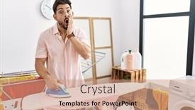  Presentation with ironing - PPT theme enhanced with young-man-with-beard-ironing background and a coral colored foreground