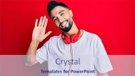  Presentation with music headphones - Slide set featuring young-man-with-beard-listening background and a sky blue colored foreground