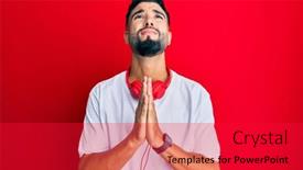  Presentation with music headphones - Audience pleasing PPT theme consisting of young-man-with-beard-listening backdrop and a red colored foreground