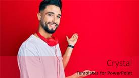  Presentation with music headphones - Cool new PPT layouts with young-man-with-beard-listening backdrop and a red colored foreground