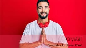  Presentation with music headphones - PPT layouts having young-man-with-beard-listening background and a red colored foreground