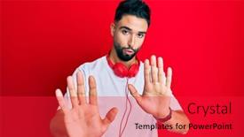  Presentation with music headphones - Slide set with young-man-with-beard-listening background and a red colored foreground