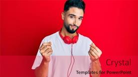  Presentation with music business - Presentation theme having young-man-with-beard-listening background and a red colored foreground