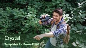  Presentation with show - Amazing slide deck having young man with binoculars in forest show ourselves from above image backdrop and a tawny brown colored foreground