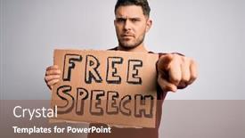  Presentation with free speech - PPT theme enhanced with young-man-with-blue-eyes background and a tawny brown colored foreground