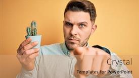  Presentation with hand holding plant - Cool new theme with young-man-with-blue-eyes backdrop and a coral colored foreground