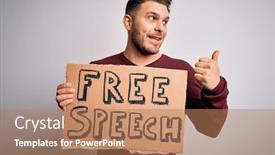 Presentation with free speech - Presentation design enhanced with young-man-with-blue-eyes background and a coral colored foreground