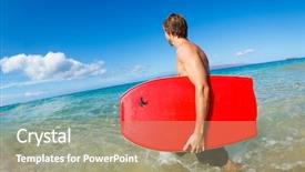  Presentation with airport boarding board - PPT theme with young man with boogie board background and a mint green colored foreground