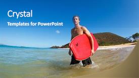  Presentation with airport boarding board - PPT theme featuring young man with boogie board background and a teal colored foreground