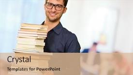  Presentation with books - Beautiful PPT theme featuring young man with books indoor backdrop and a coral colored foreground