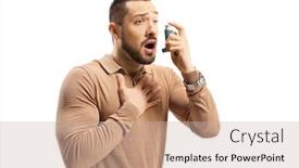  Presentation with breathing - Beautiful presentation theme featuring young man with breathing difficulties using an inhaler isolated on white background backdrop and a soft green colored foreground