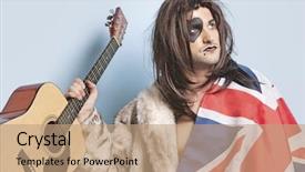  Presentation with light shade blue - Theme having young man with british flag holding guitar against light blue background background and a coral colored foreground