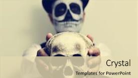  Presentation with top hat - PPT theme consisting of young man with calaveras makeup wearing top hat holds a scary skull in front of him background and a lemonade colored foreground