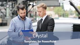  Presentation with car dealer - Presentation design with young man with car dealer outdoors background and a ocean colored foreground