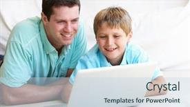  Presentation with computer - Beautiful presentation theme featuring children computers - young man with child backdrop and a sky blue colored foreground