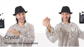  Presentation with clapper - Slide deck consisting of young man with clapper-board background and a  colored foreground