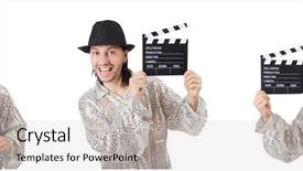  Presentation with clapper - Presentation with young man with clapper-board background and a soft green colored foreground