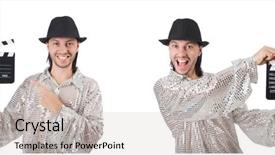  Presentation with clapper - Presentation enhanced with young man with clapper-board background and a soft green colored foreground