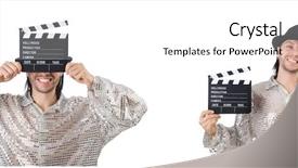  Presentation with clapper - Amazing PPT theme having young man with clapper-board backdrop and a white colored foreground