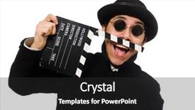  Presentation with clapper - PPT layouts having young man with clapper-board isolated on white background and a dark gray colored foreground