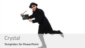  Presentation with clapper - Amazing presentation design having young man with clapper-board isolated on white backdrop and a light gray colored foreground