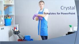  Presentation with office cleaning - Amazing slide set having young man with cleaning equipment standing at office backdrop and a sky blue colored foreground
